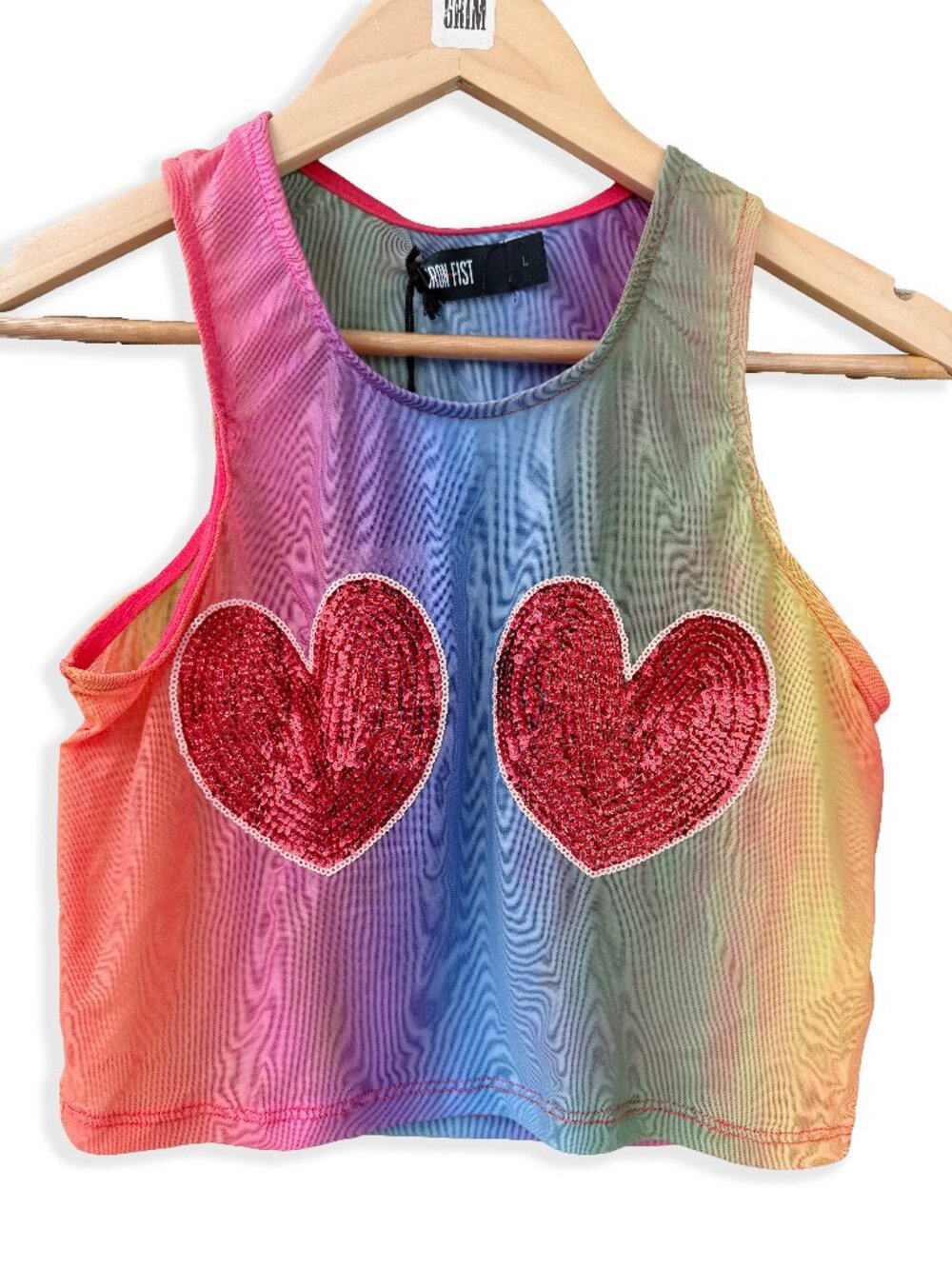 Iron Fist Rainbow Mesh Crop Top Sequin Heart Rave Festival Tank L
